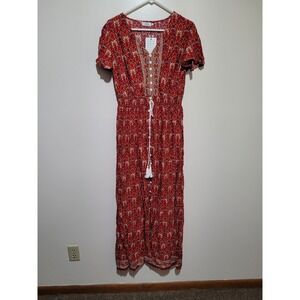 NWT Pinup Fashion Maxi Dress Womens 14W Red Boho Paisley Short Sleeve Bohemian